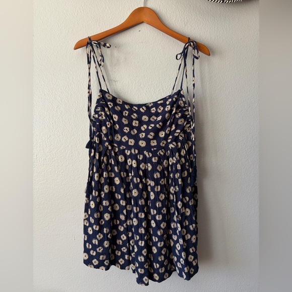 Free People Tops - Free People Floral Indigo Molly Tunic Boho Babydoll Top Navy Cream Women’s Large